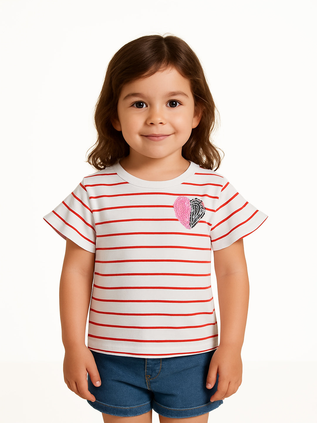 Girls Cotton T-shirt |Striped T-shirt | Sequinned Flower | 4-8 Years