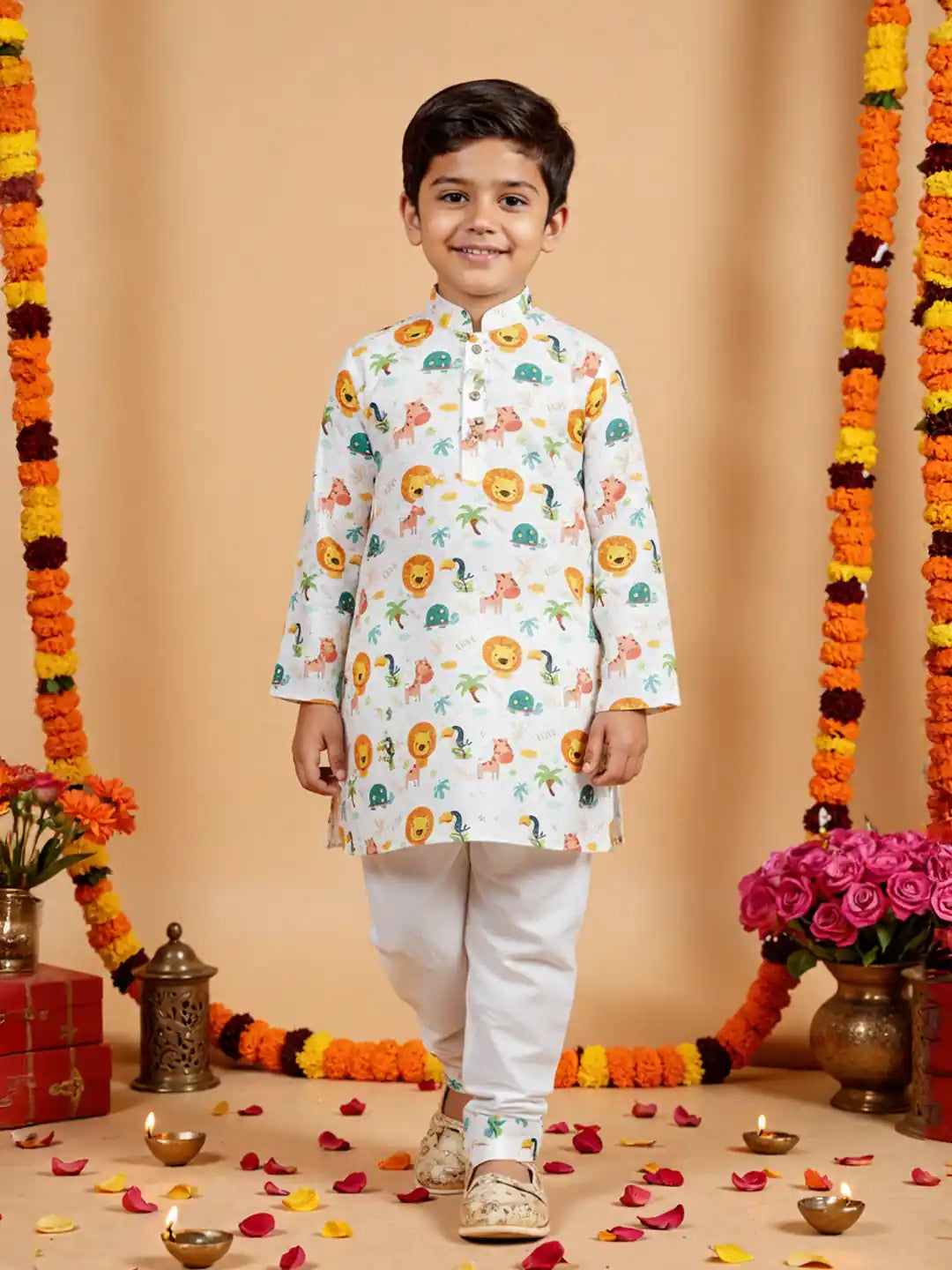 Nautinati Boys' Cotton Poplin Printed Kurta Pyjama Set | Age 2 - 10 Years