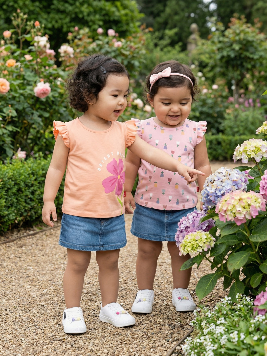 Nautinati Baby Girls' 100% Cotton Pack of 2 Floral Placement & Graphic Print Tops with Cute Frill Sleeves