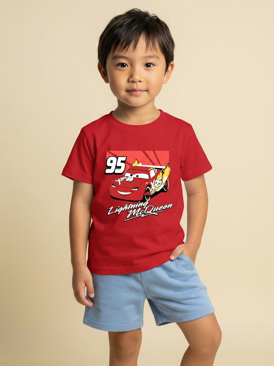Nautinati Boys' 100% Cotton Crew Neck Disney Cars Placement Print T-shirt