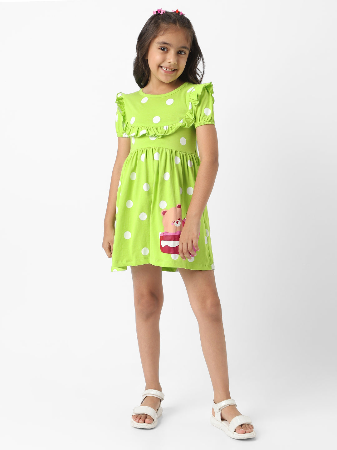 Nautinati Girls Green Jersey Cotton Polka Dot Dress
