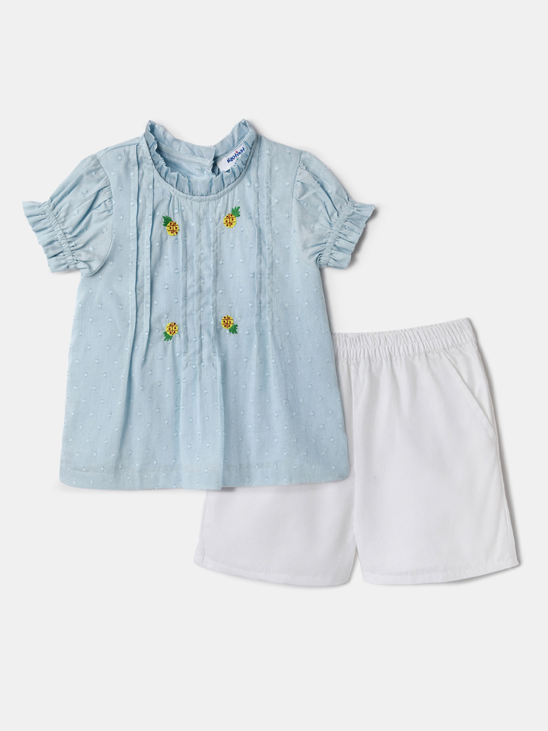 Nautinati Embroidered Blue Top and White Shorts Set for Girls