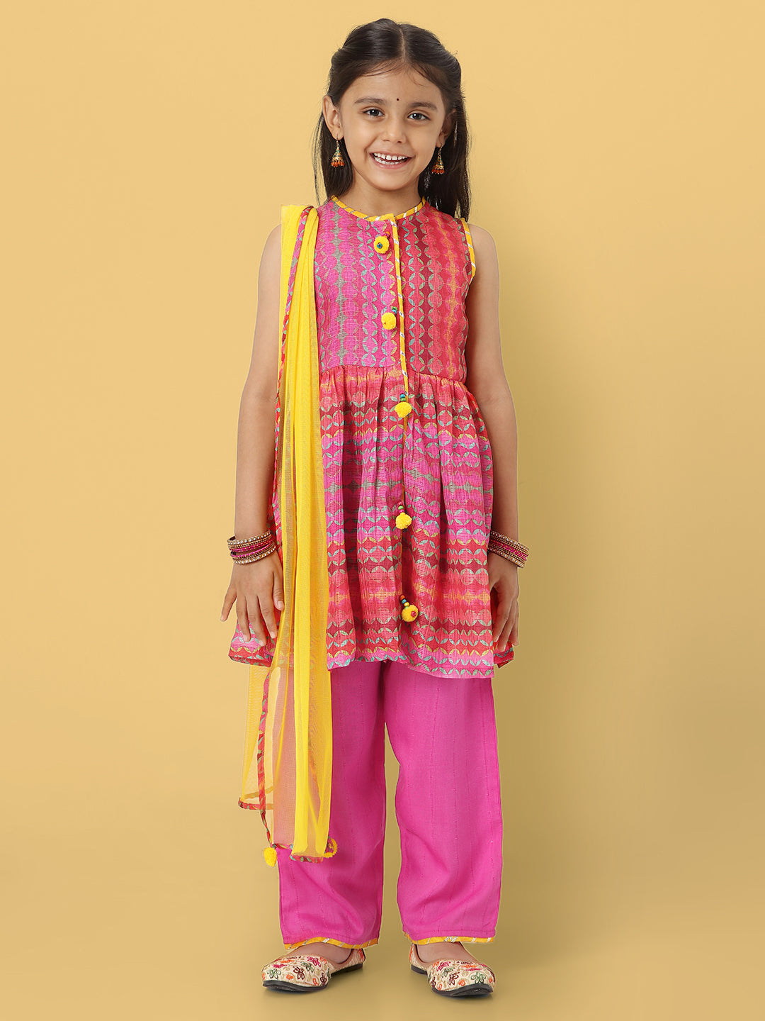 Nautinati Girls' Printed Sleeveless Kurta Set with Dupatta