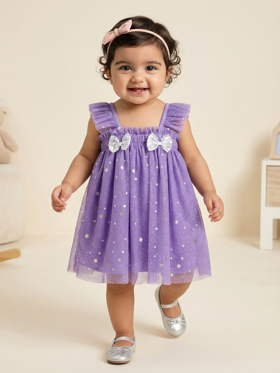 Nautinati Baby Girls' A-line Holographic All-over Star Foil Print Mesh Party Dress with Sequinned Bow