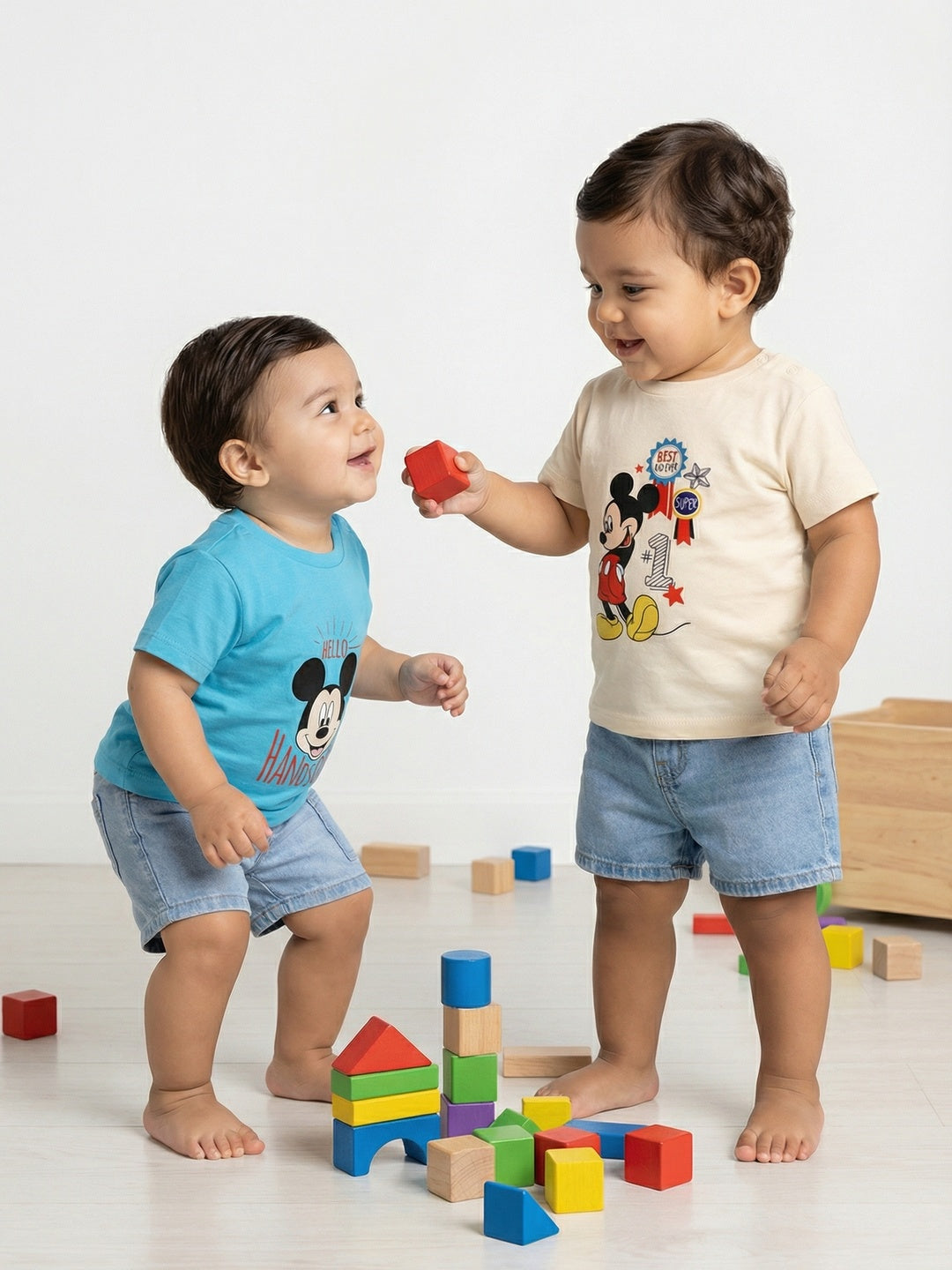 Nautinati Boys' 100% Cotton Pack of 2 Disney Mickey Mouse Print Crew Neck T-shirts