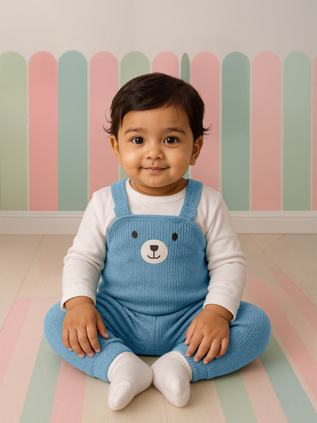 Nautinati Cotton Bear Print Blue And White Romper For Infant Boys