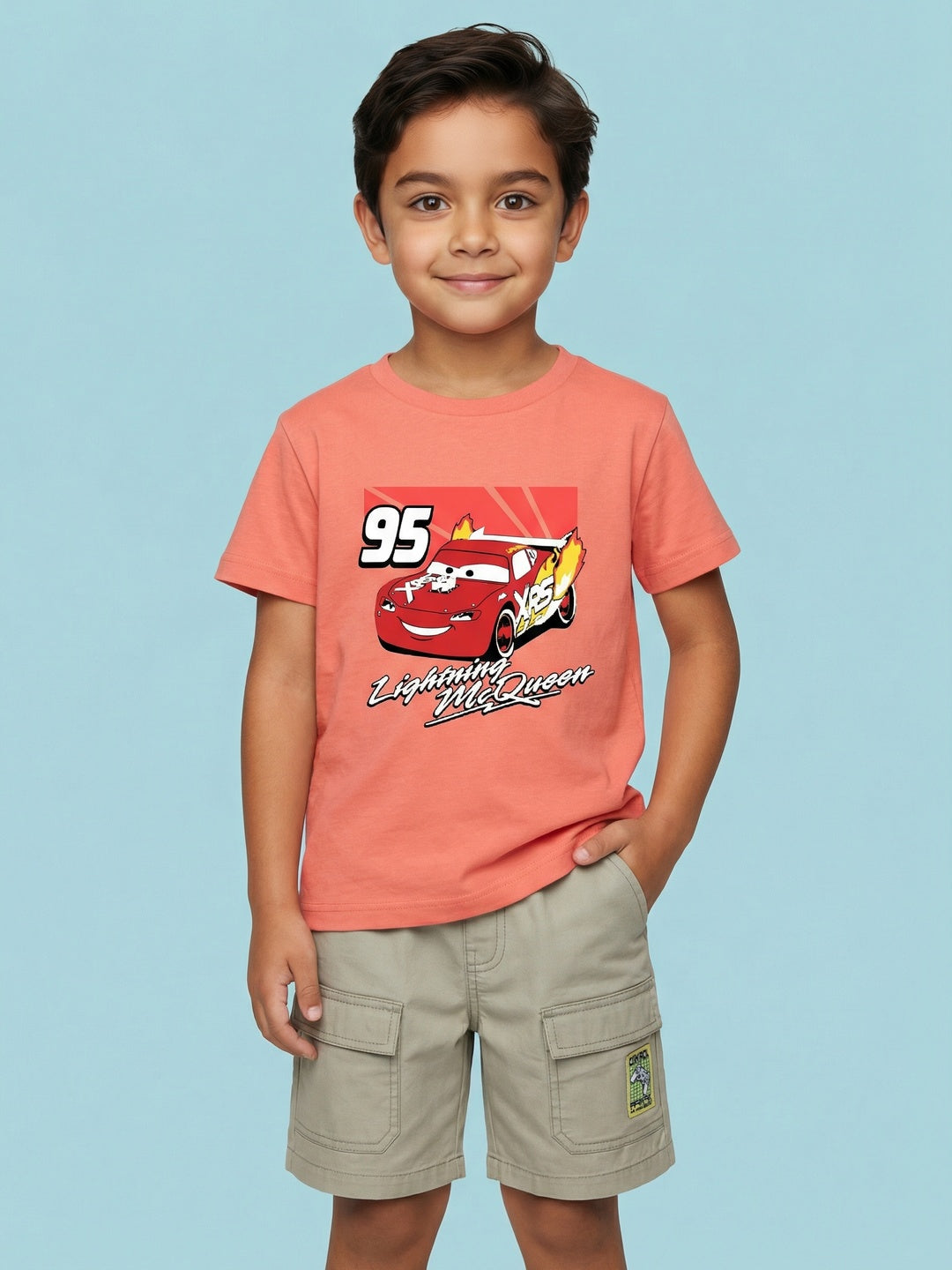 Nautinati Boys' 100% Cotton Crew Neck Disney Cars Placement Print T-shirt