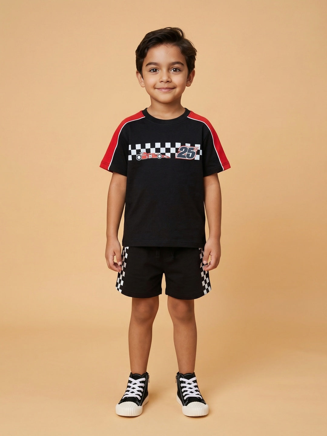 Nautinati Boys' Race Car Printed Regular Fit Round Neck T-shirt and Shorts Co-ord Set
