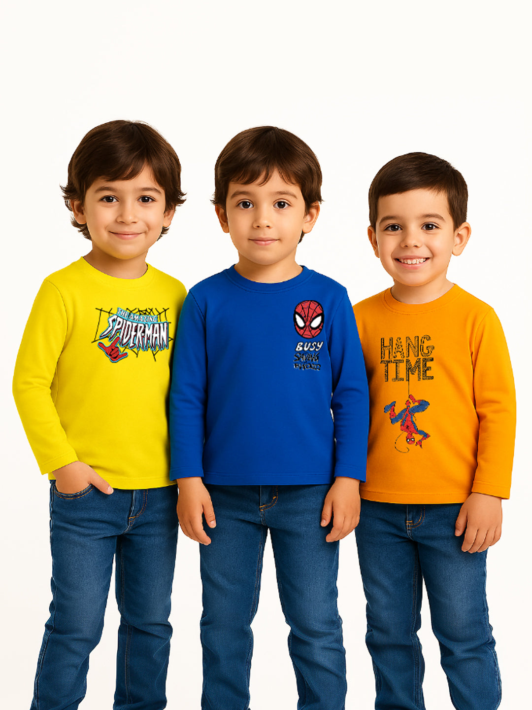 Nautinati Pack Of 3 Orange, Yellow & Blue Cotton Spiderman T-Shirts For Boys