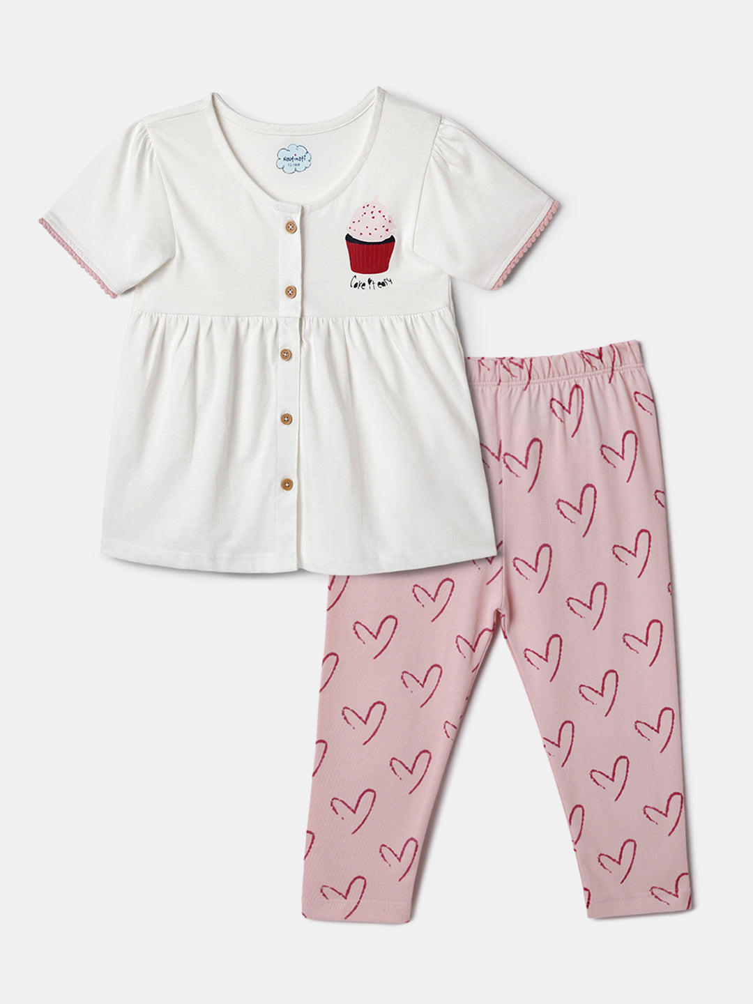 Nautinati White and Pink Printed  Top and Leggings Set for Girls