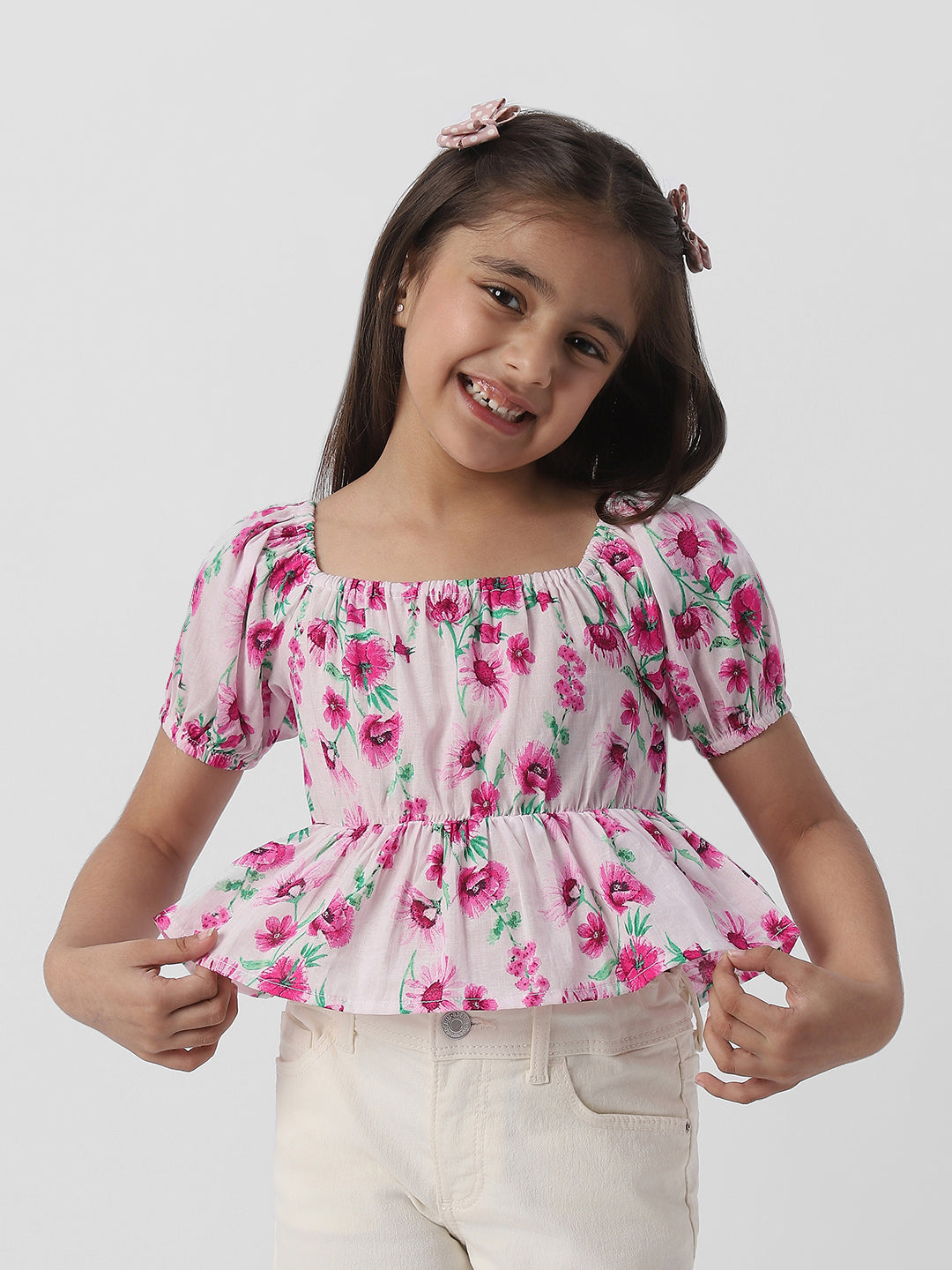 Nautinati Girls Floral Print Puff Sleeve Fit and Flare Top