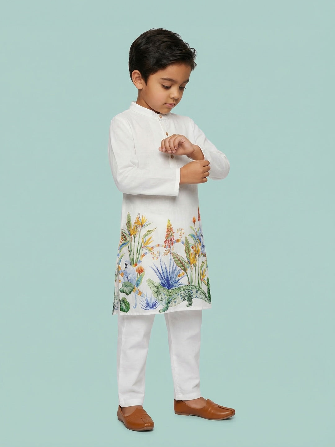 Nautinati Boys' 100% Cotton Festive Resort Style Print Kurta & Pyjama Set