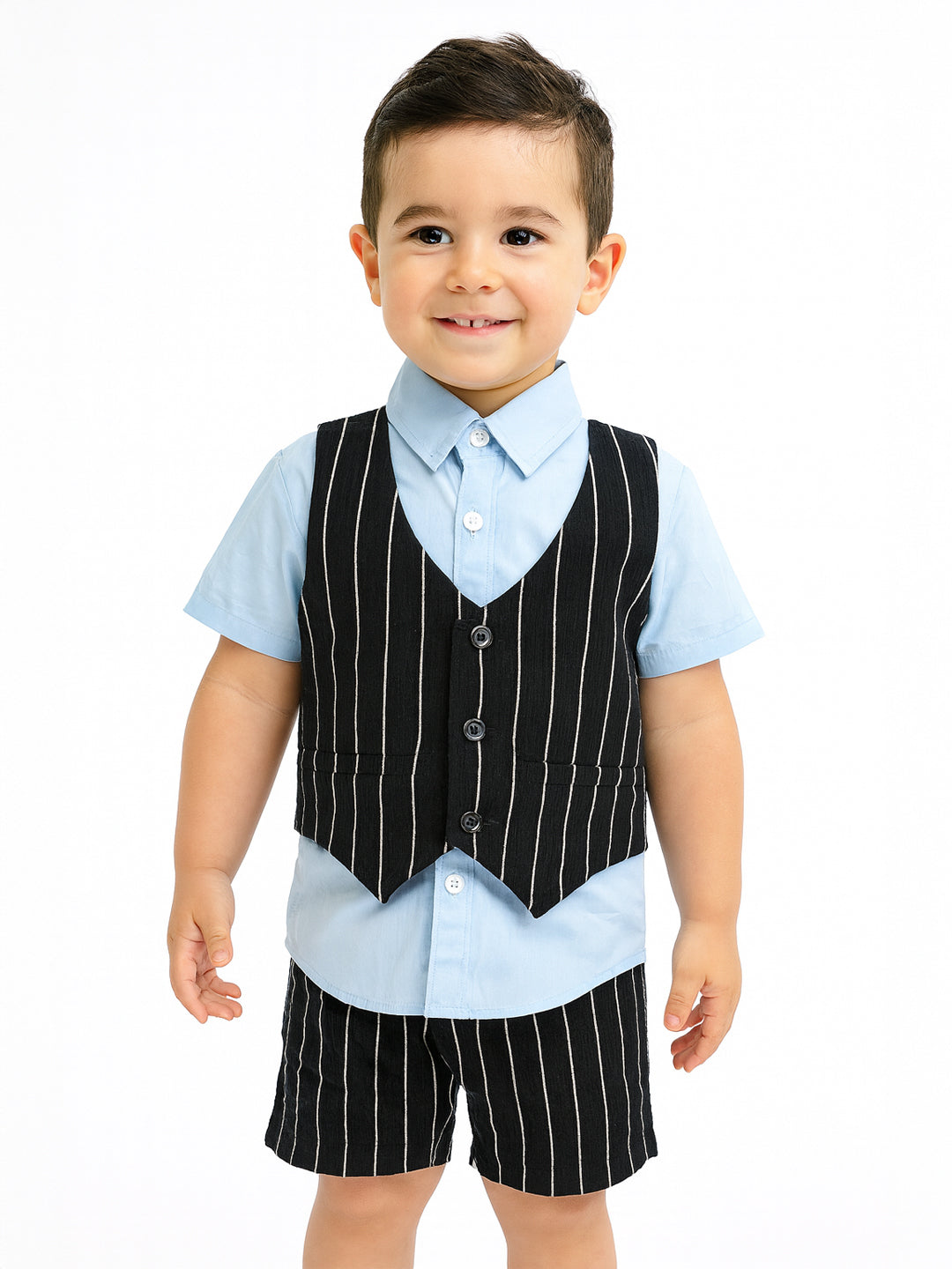 Nautinati Blue And Black Cotton Shirt With Striped Bottom & Waistcoat 3-Piece Set For Boys