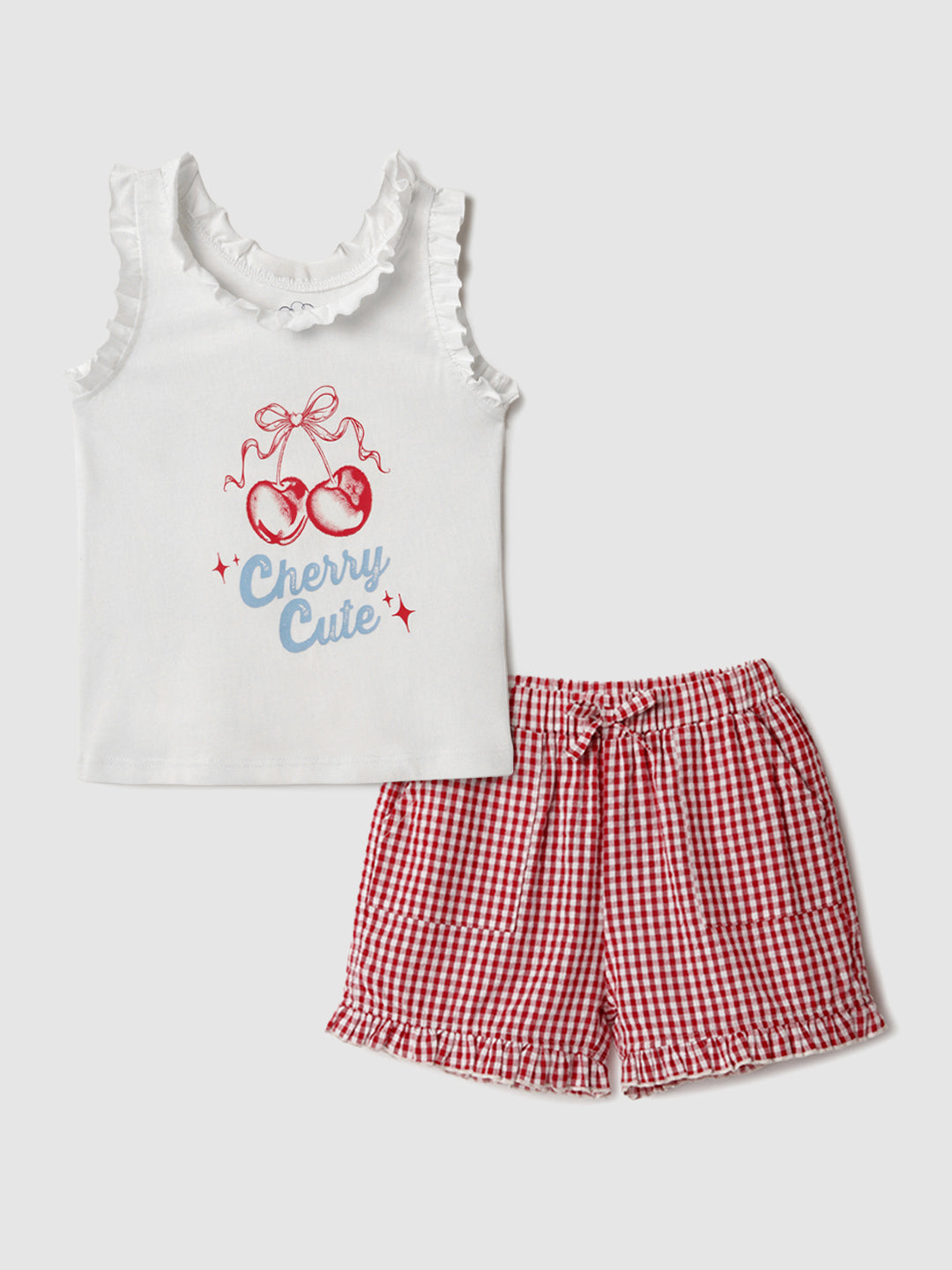 Nautinati Pink & White Graphic Printed T-shirts and Chequered Shorts for Infant Girls