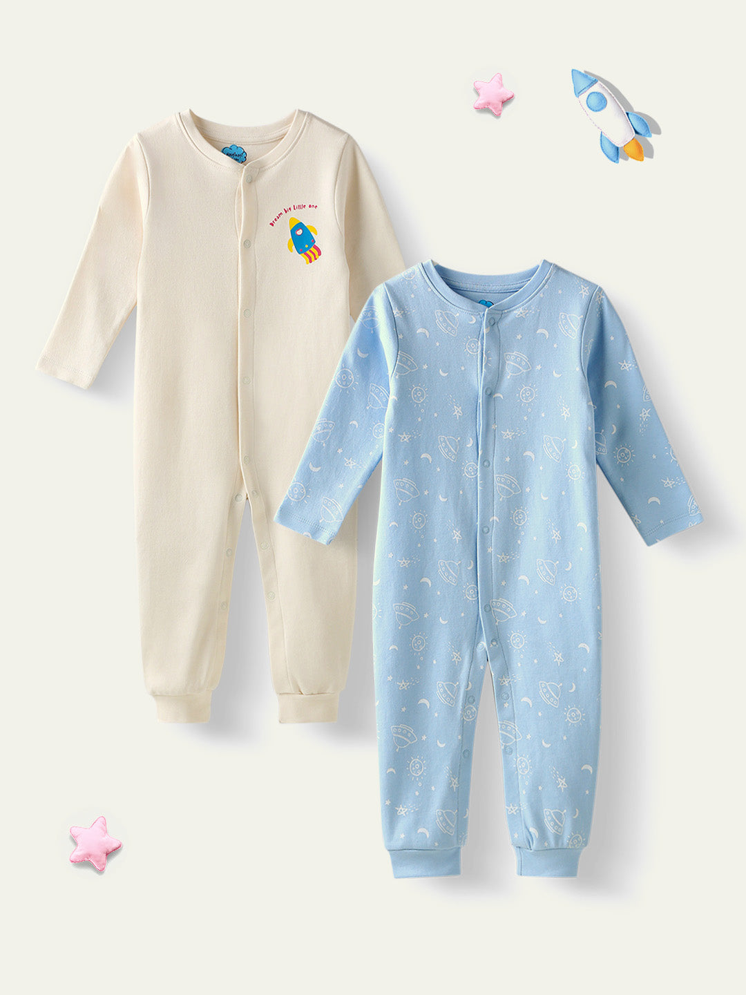 Nautinati Baby Girls' CottonAll-over Galaxy Printed Jumpsuit with Snap Buttons