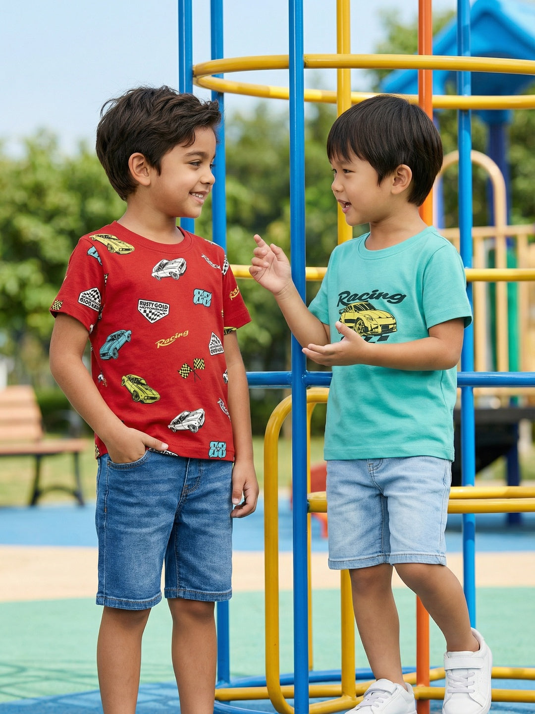 Nautinati Boys' 100% Cotton Pack of 2 Racing Graphic & All-over Print Crew Neck T-shirts