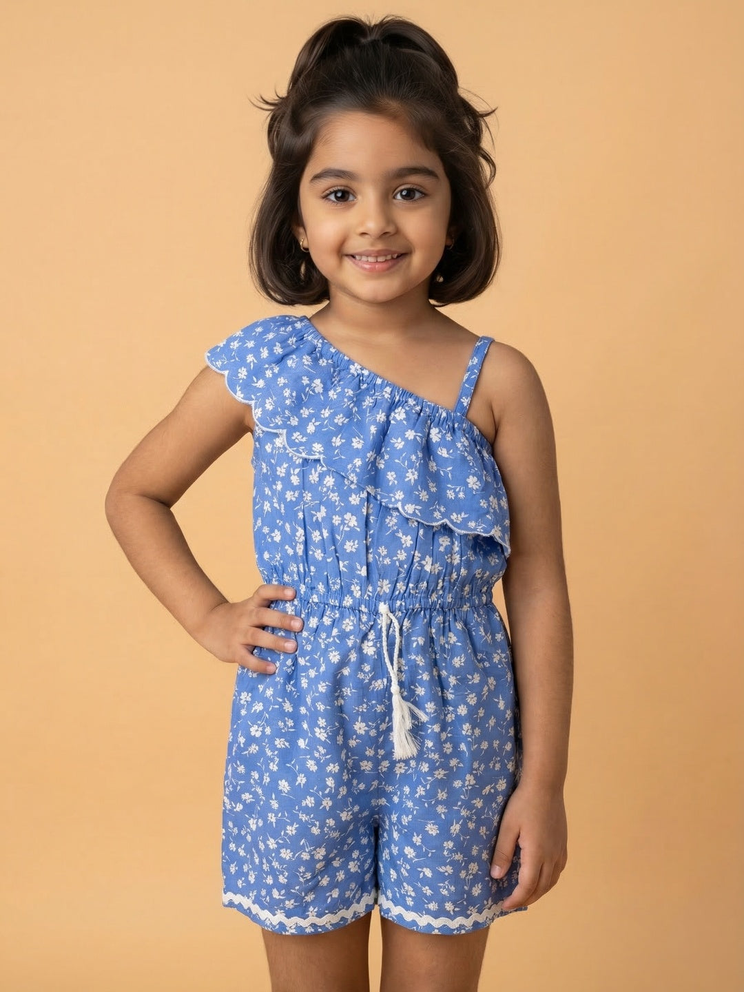 Nautinati Girls' 100% Cotton Asymmetric Off-shoulder Floral Print jumpsuit