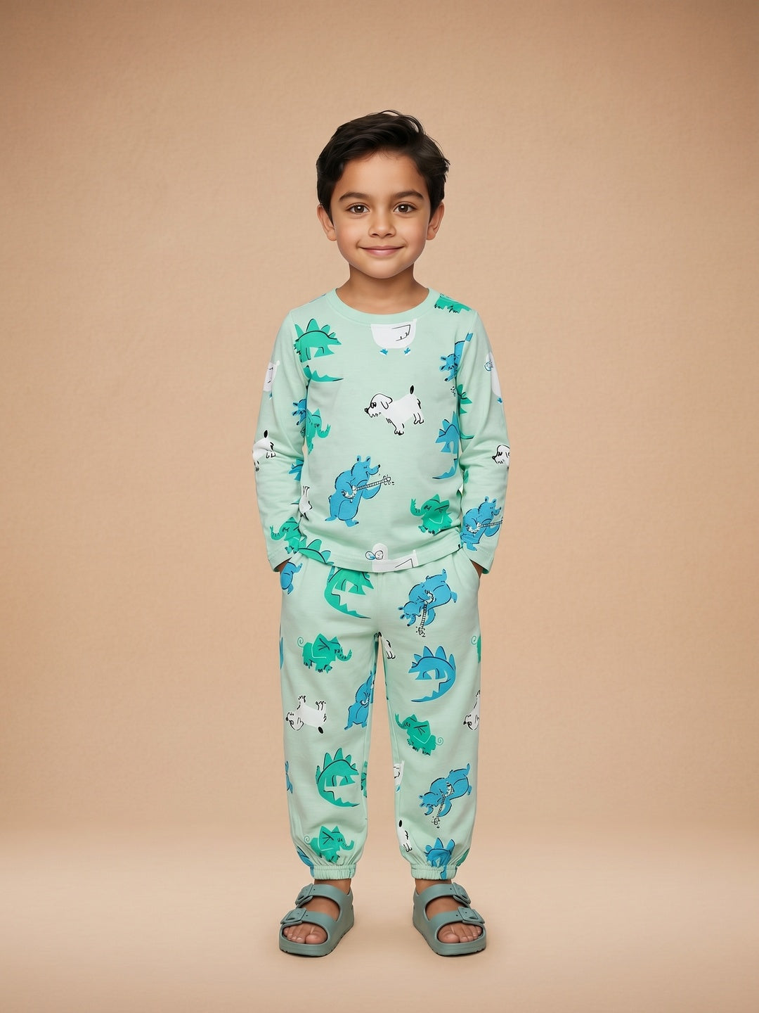 Nautinati Boys Pure Cotton Dinosaur Printed T-shirt with Joggers Night Suit