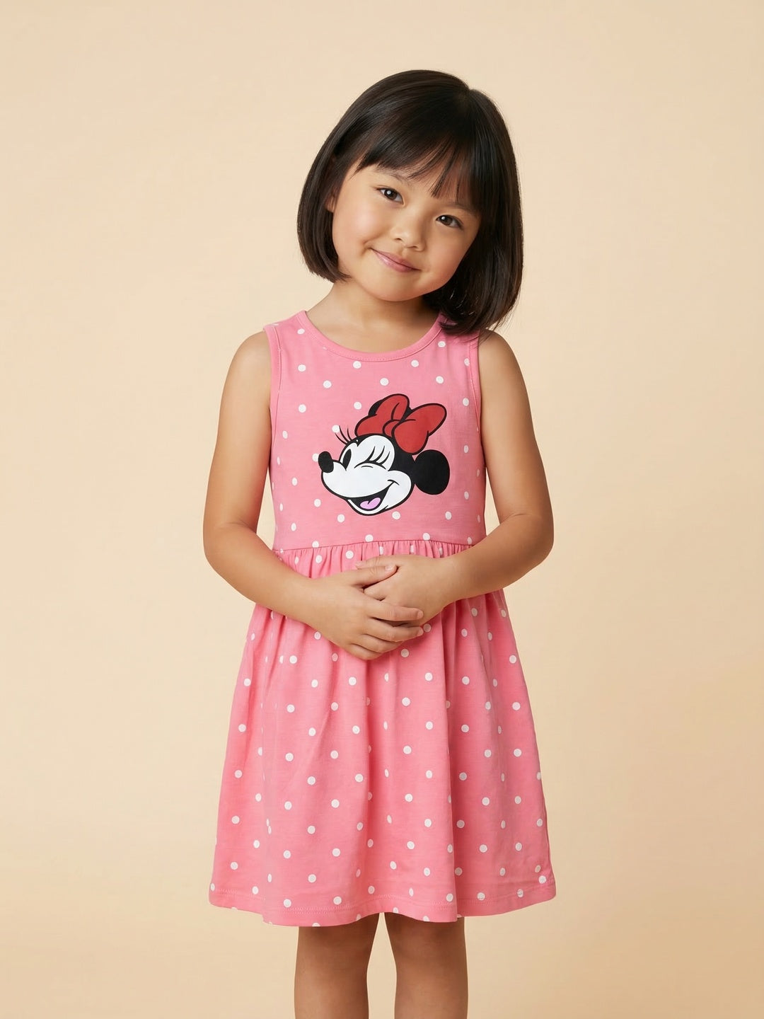 Nautinati Girls' 100% Cotton Disney Minnie Mouse Placement Print & Polka Dot Print Dress