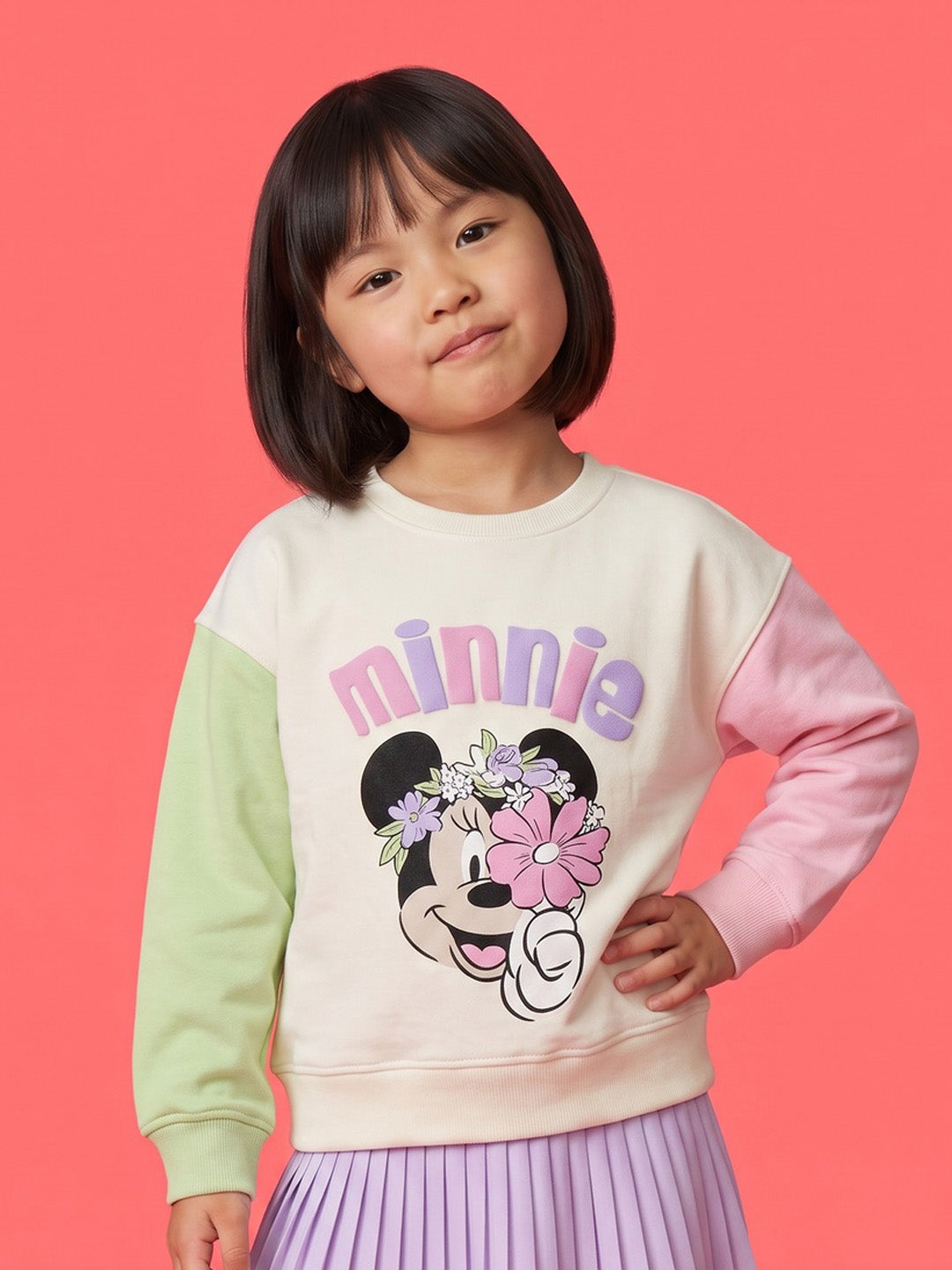 Nautinati Girls Disney Minnie Mouse Oversized Colourblock Puff Printed Sweatshirt