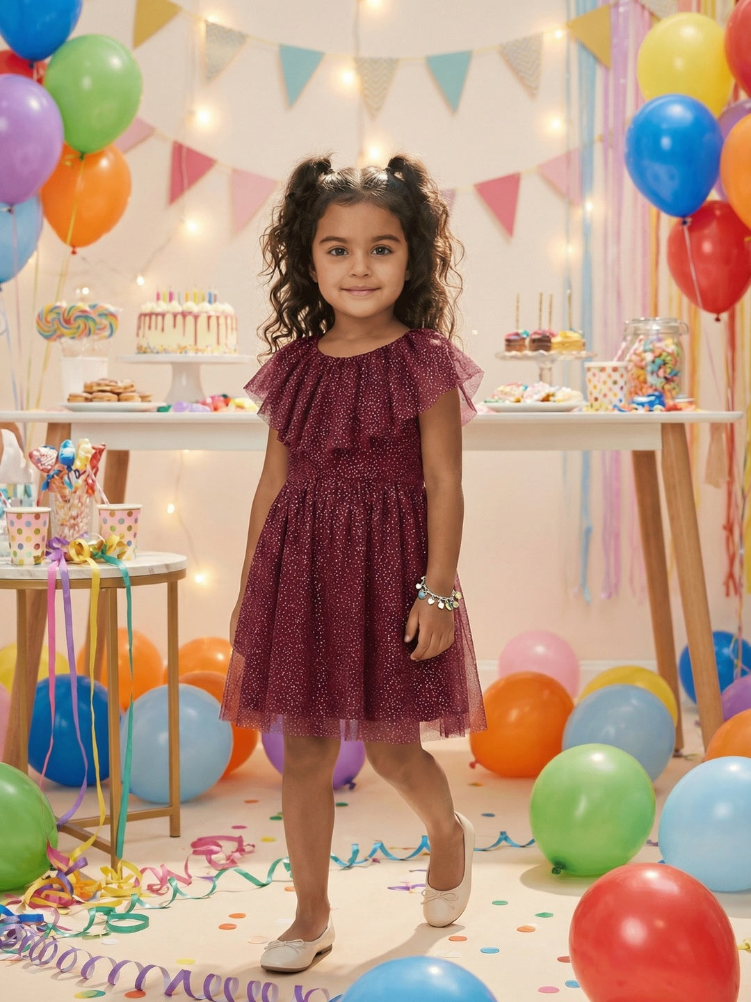 Nautinati Girls' Fit & Flare Holographic Foil Printed Mesh Party Dress
