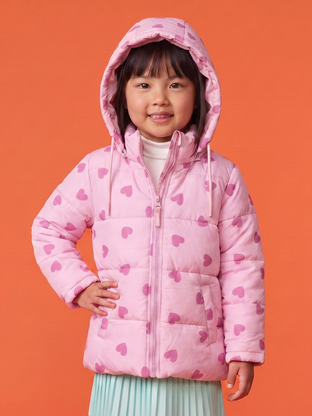 Nautinati Girls Regular Fit Hooded Hearts Printed Puffer Jacket with Front Zip