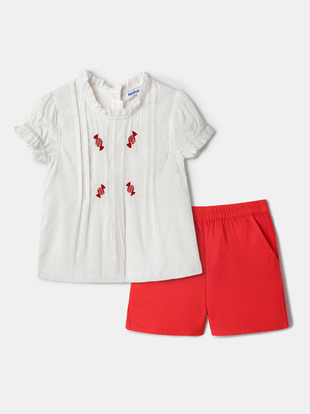 Nautinati Embroidered White Top and Red Shorts Set for Girls