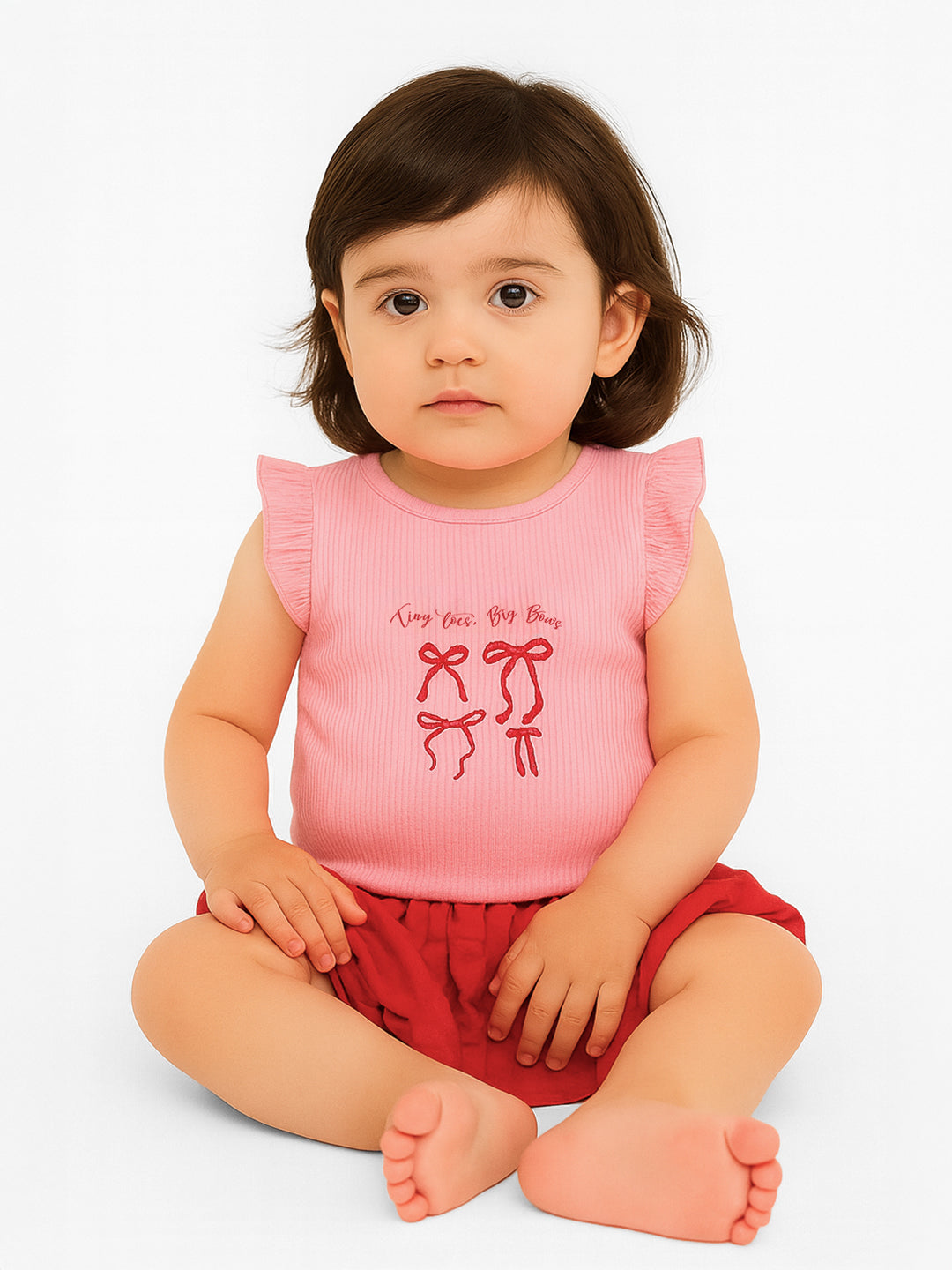 Nautinati Pink Printed Top And Red Balloon Skirt For Girls