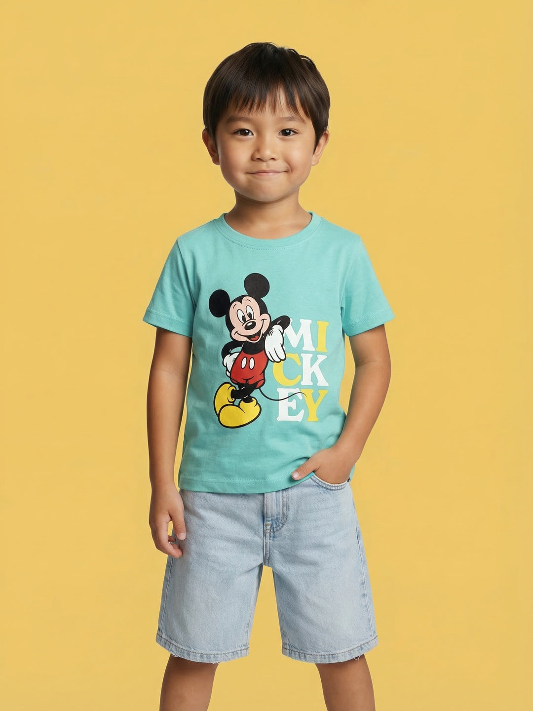 Nautinati Boys' 100% Cotton Crew Neck Disney Mickey Mouse Placement Print T-shirt