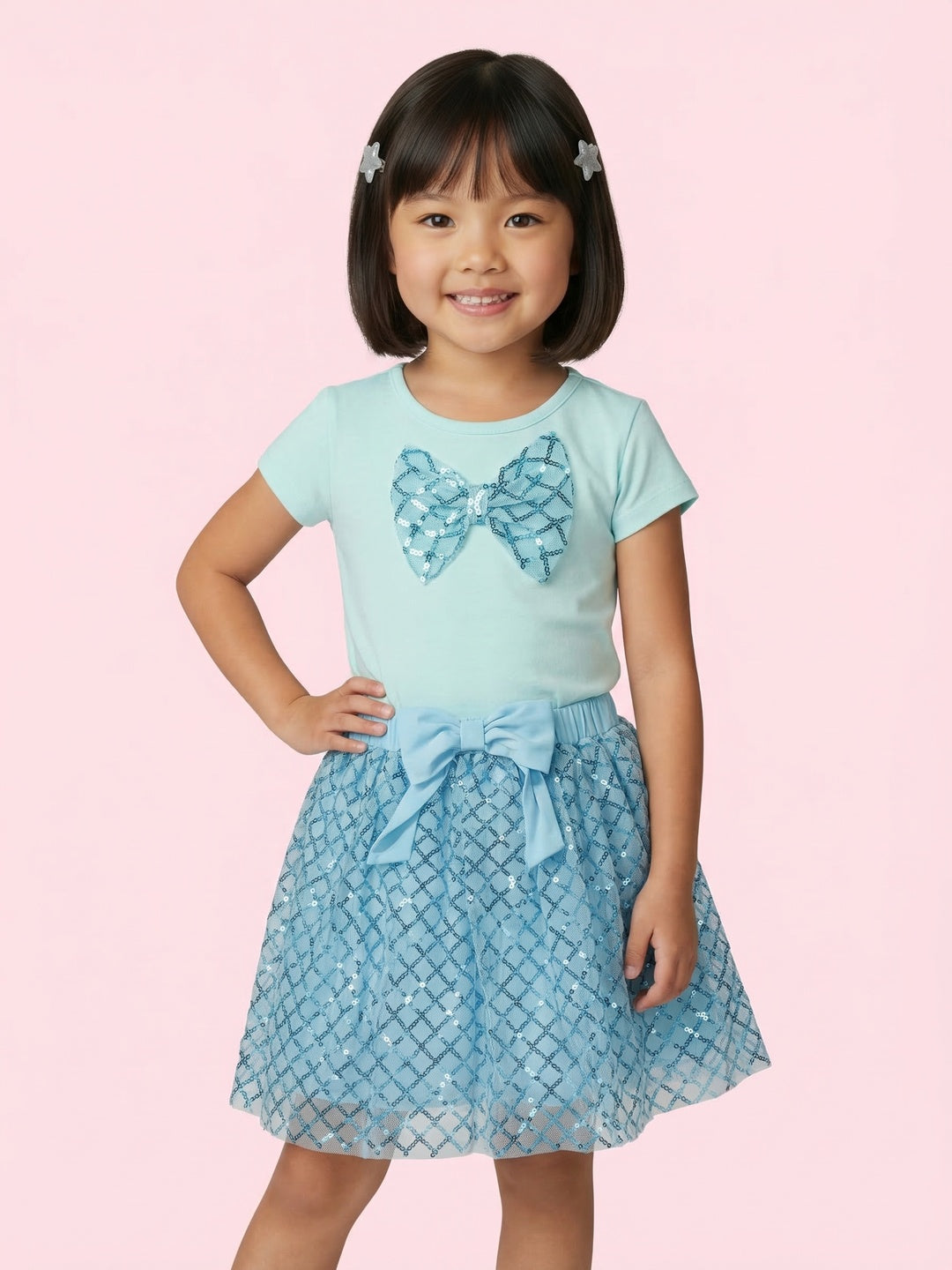 Nautinati Girls Blue Sequined T-Shirt And Skirt With Satin Bow Clothing Set