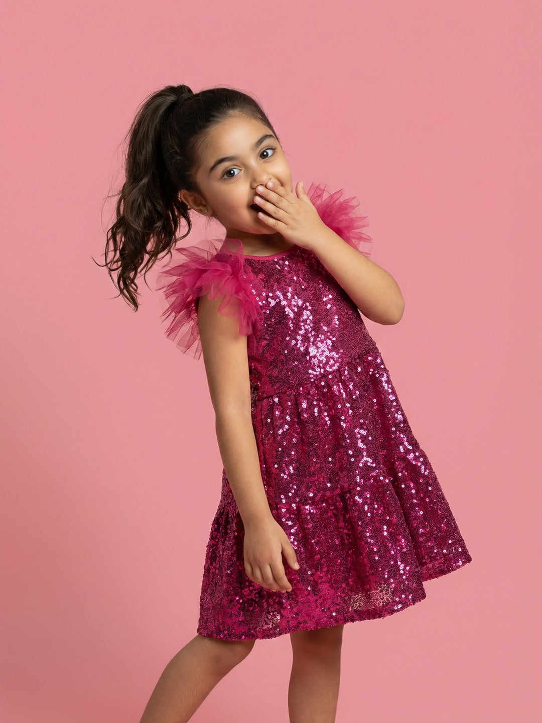 Nautinati Girls' Solid Sequinned A-line Party Dress with Ruffle Mesh Sleeves