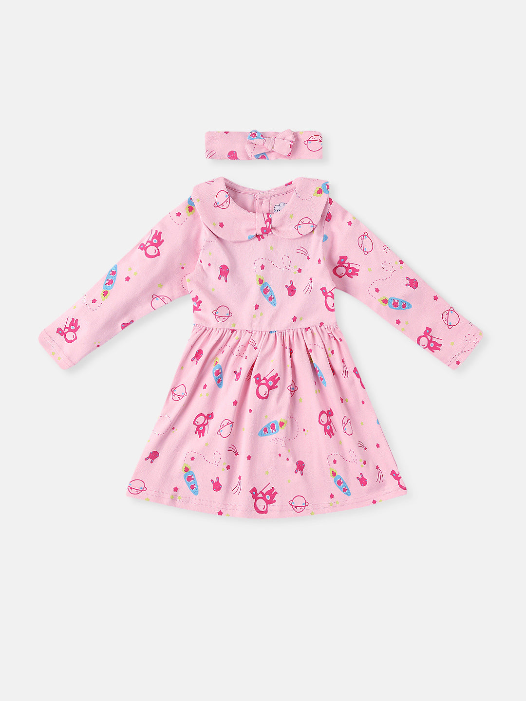 Nautinati Infants Cotton Peter Pan Bow Collar Printed Dress with Headband