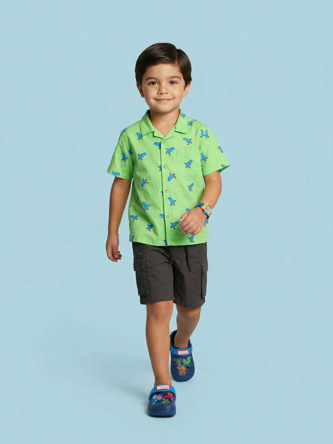 Nautinati Boys Dinosaur Printed Oversized 100% Cotton Resort Shirt and Cargo Shorts Set