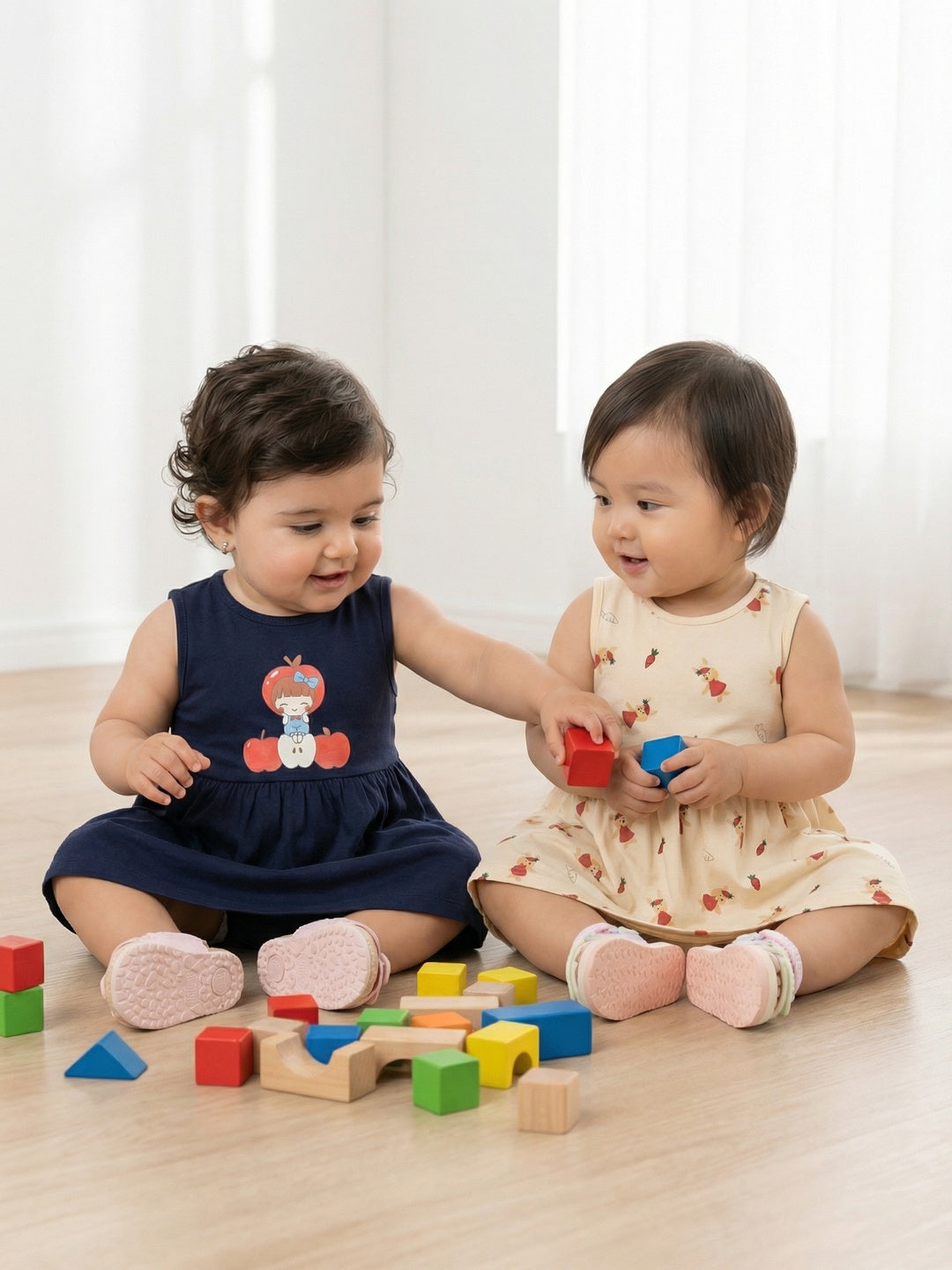 Nautinati Baby Girls' 100% Cotton Pack of 2 Quirky Rabbit All-over Print Dresses