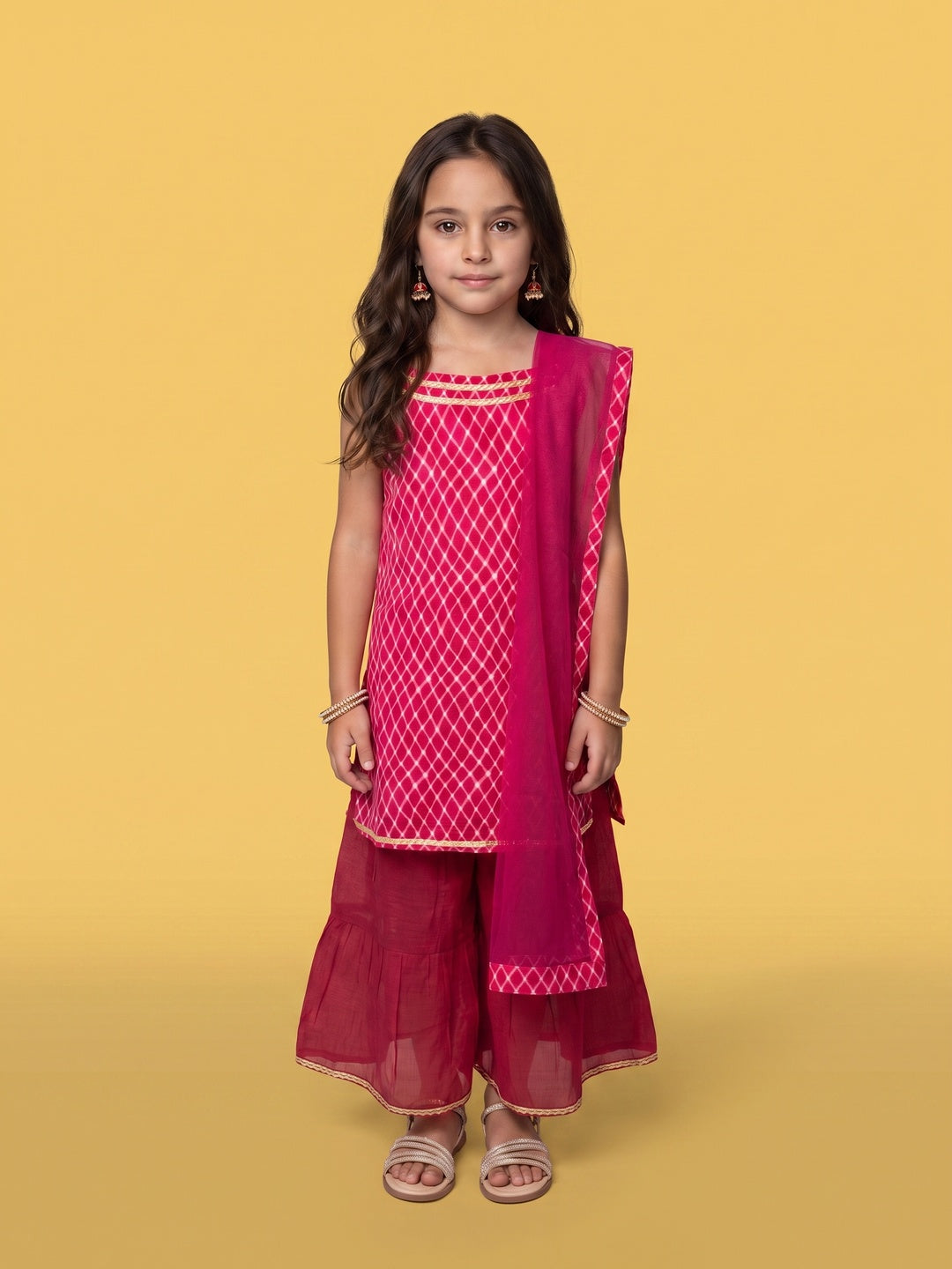 Nautinati Girls Pink Checks Kurti and Sharara Set, 2-10Y