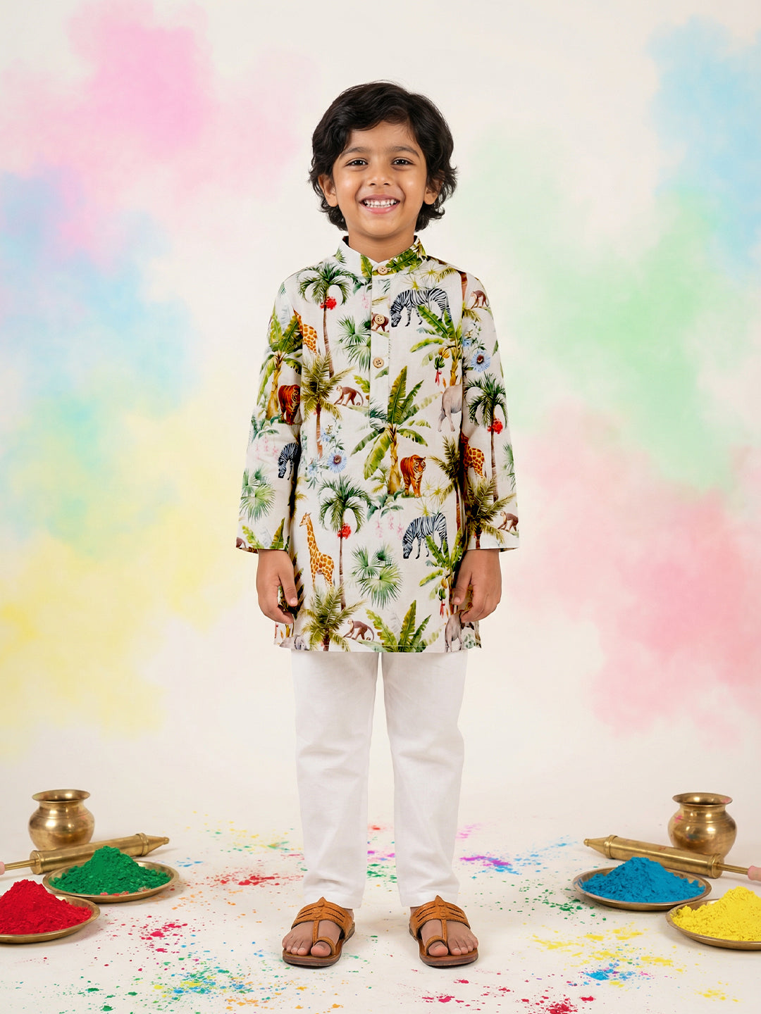 Boys' 100% Cotton Festive Resort Style Printed Kurta & Solid Pyjama Set