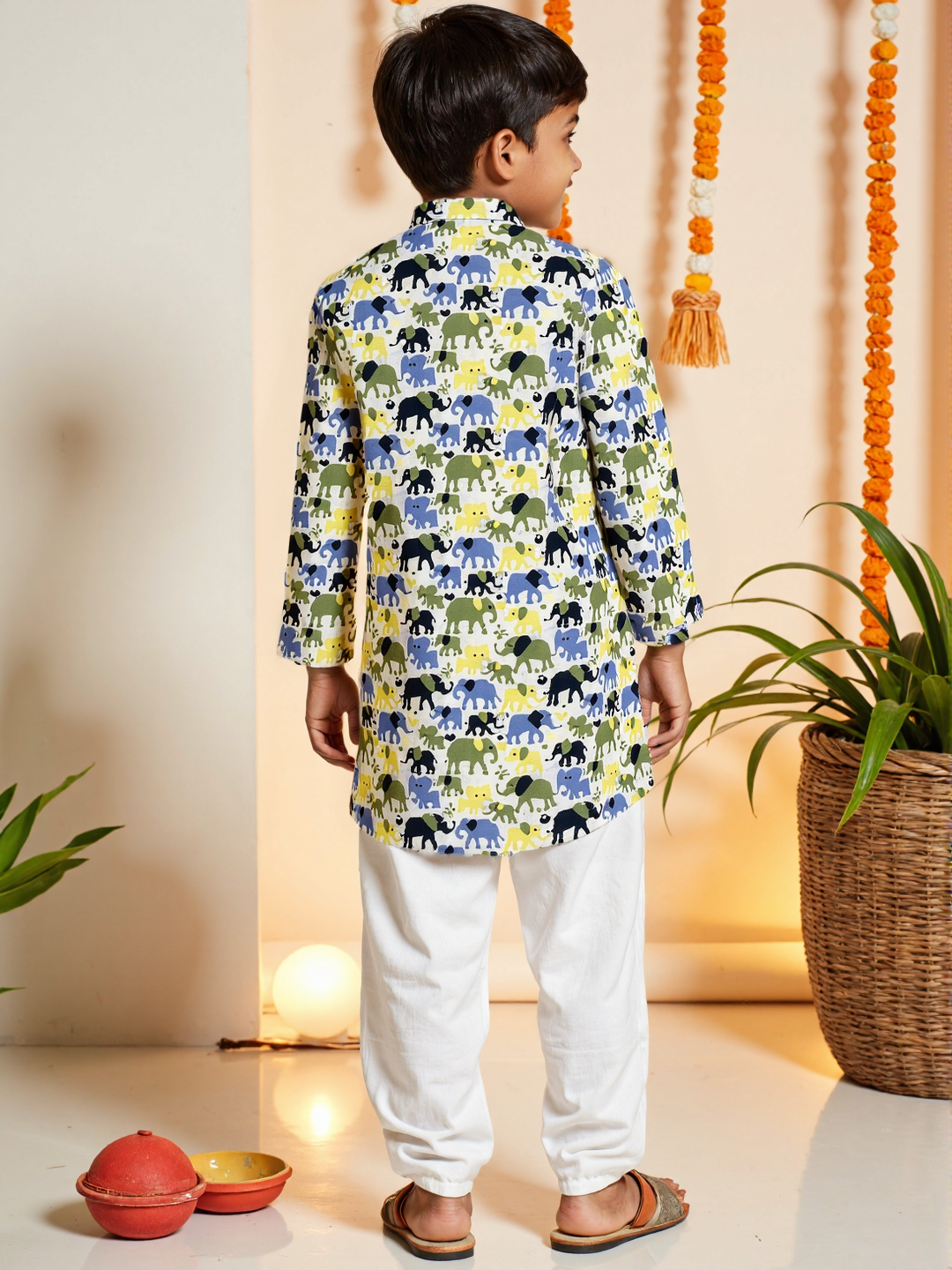 Nautinati White Festive Block-print Kurta and Pyjama Set for Boys