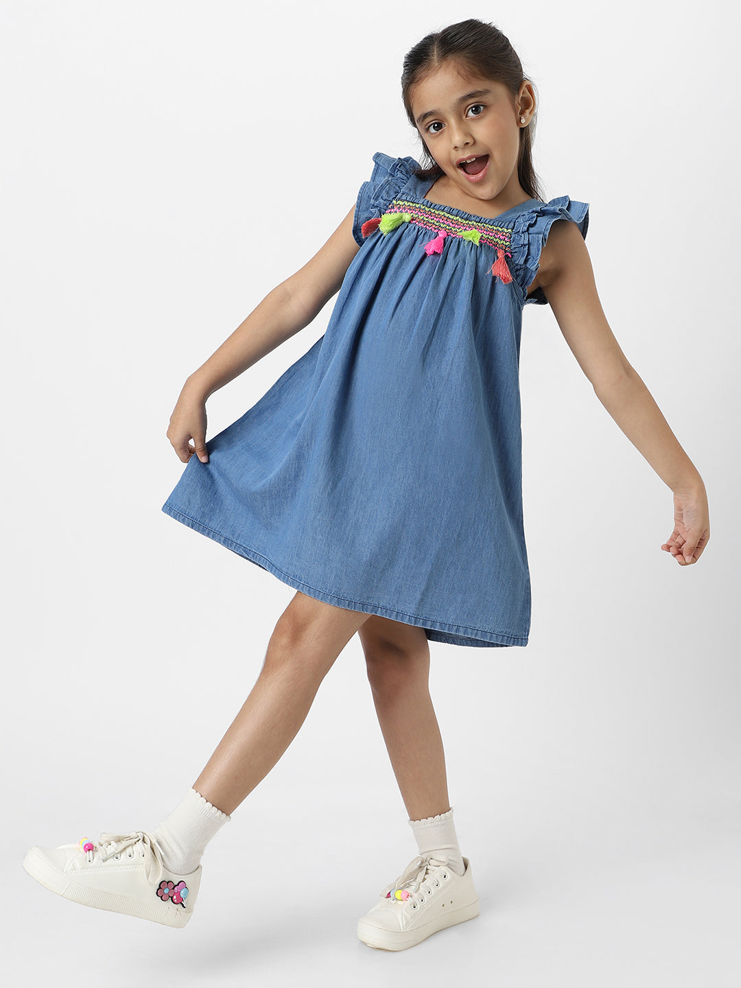 Nautinati Girls Embroidered Taselled Sleeveless Casual Wear Denim Dress