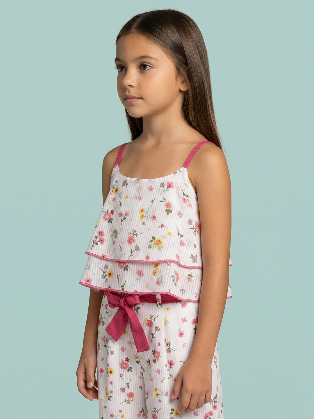 Nautinati Girls 100% Cotton Floral Printed Crop Top With Wide Leg Bottom Co-Ord Set