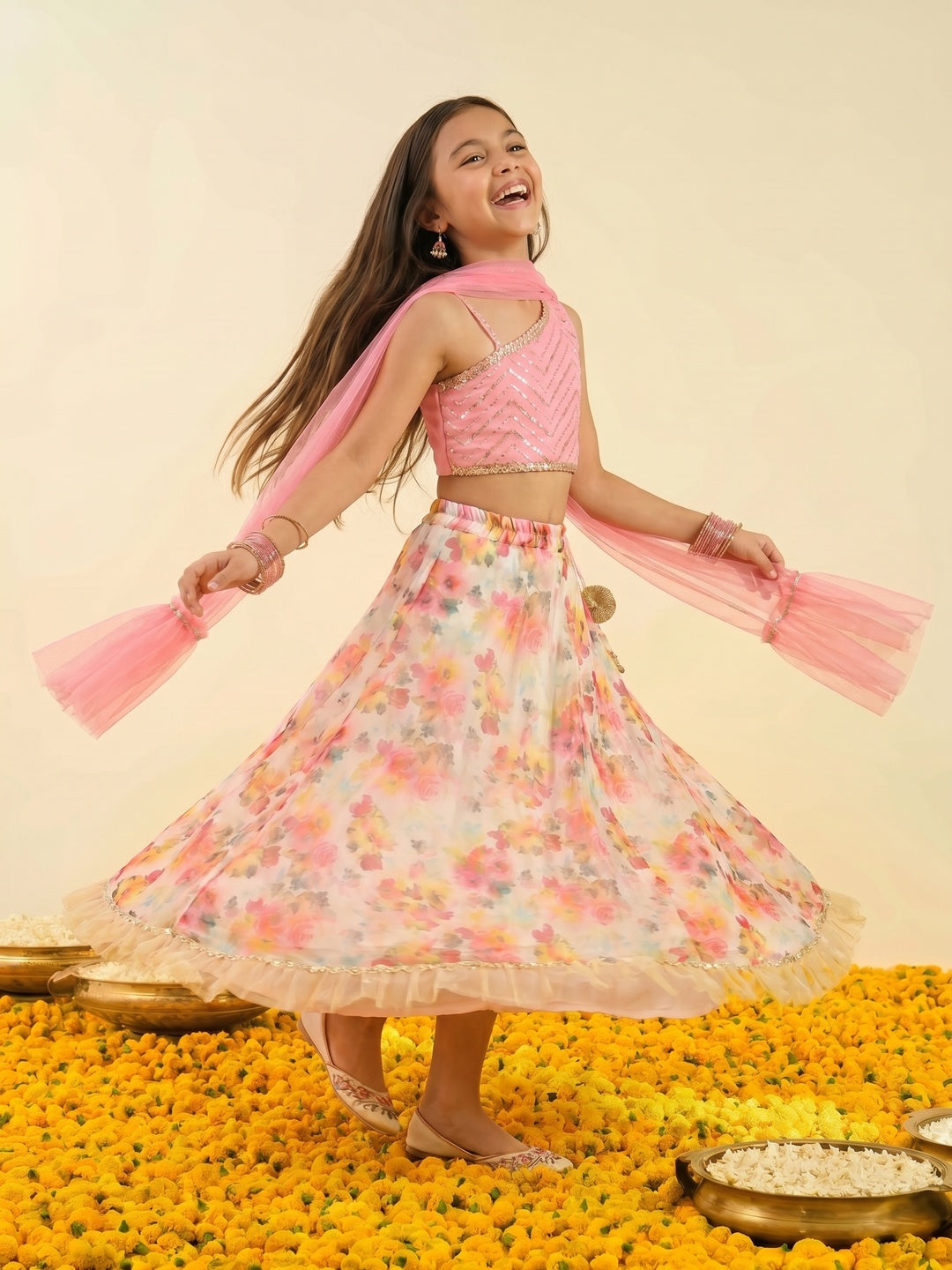 Nautinati Girls' All-over Floral Print Lehenga with Embellished Sequinned One-shoulder Choli Set with Net Dupatta