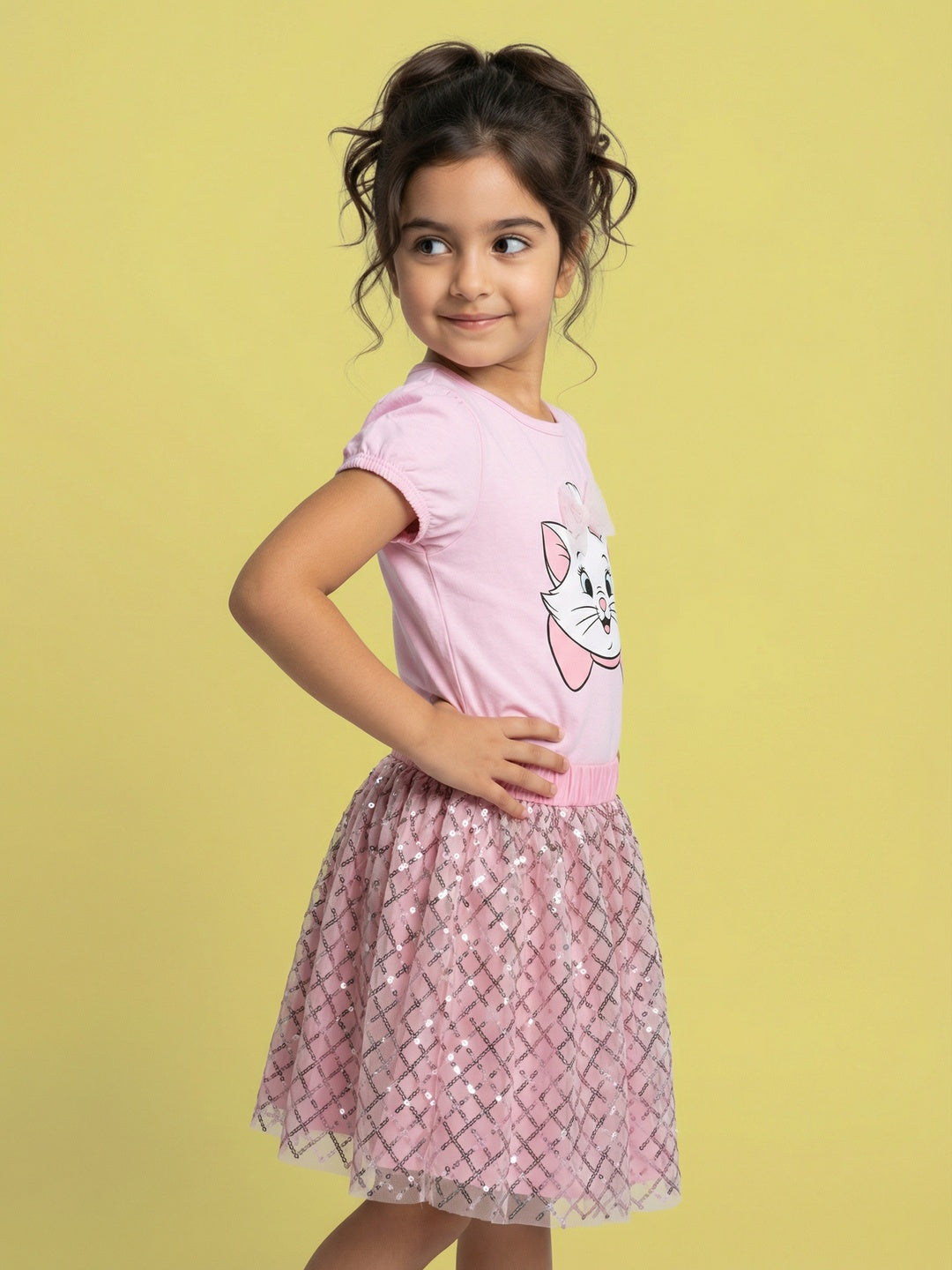 Nautinati Girls Marie Cat Printed Regular Fit Round Neck T-shirt and Skirt Co-ord Set