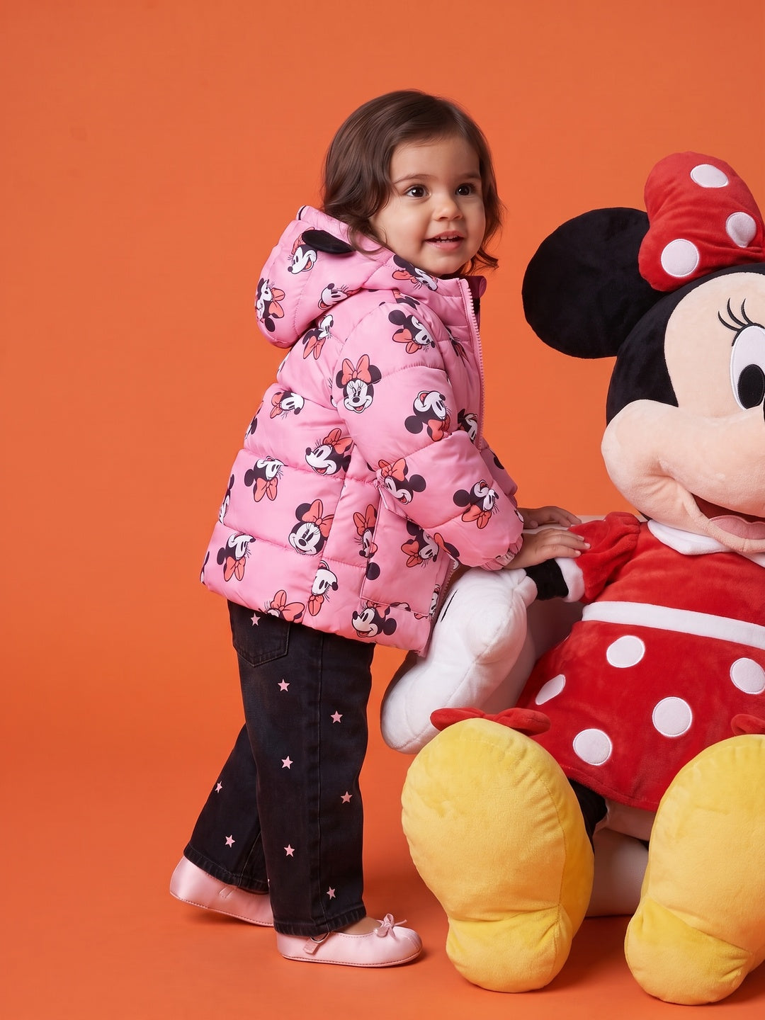 Nautinati Baby Girls Disney Minnie Mouse Regular Fit Hooded Puffer Jacket Front Zip