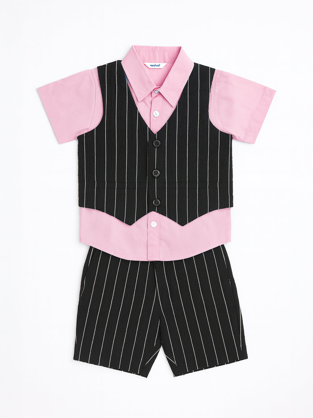 Nautinati Pink And Black Cotton Shirt With Striped Bottom & Waistcoat 3-Piece Set For Boys