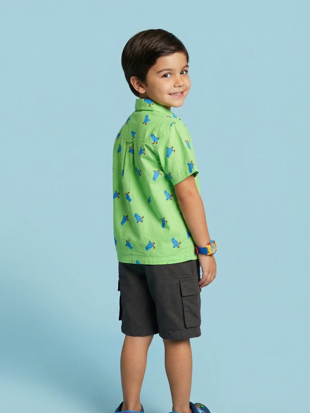 Nautinati Boys Dinosaur Printed Oversized 100% Cotton Resort Shirt and Cargo Shorts Set