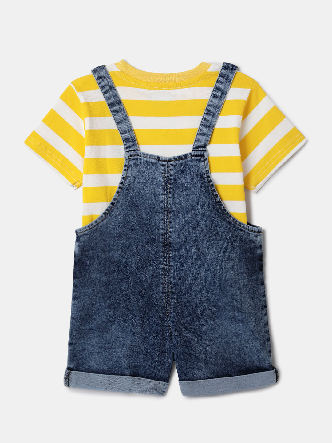 Nautinati Striped Yellow T-shirt and Blue Denim Dungaree Set for Boys