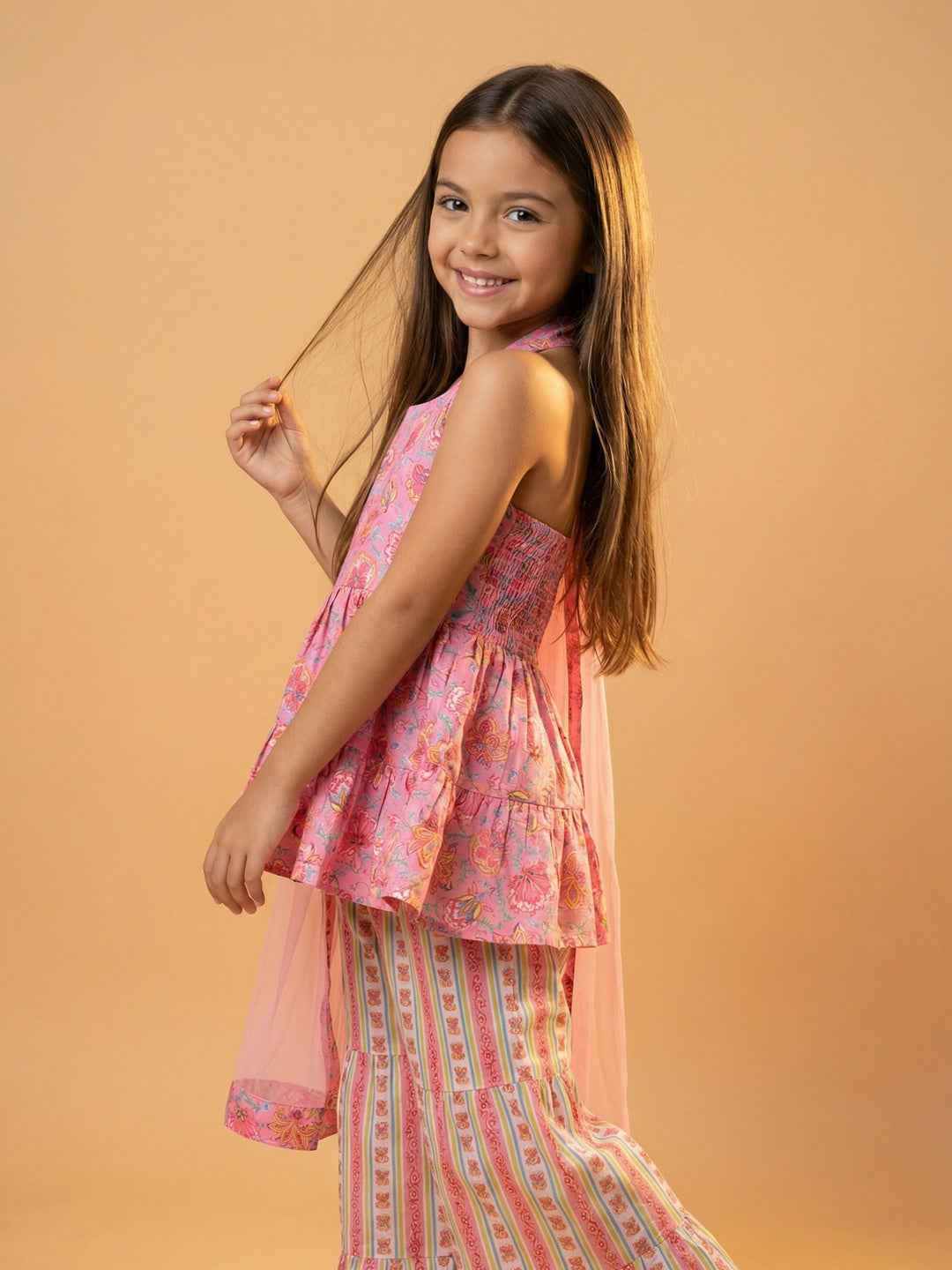 Nautinati Girls' Cotton Blend Woven Festive Chintz Floral Halter-neck Kurti with Striped Palazzos