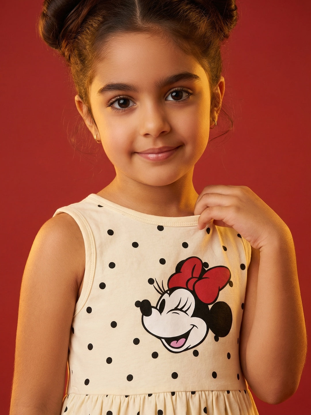 Nautinati Girls' 100% Cotton Disney Minnie Mouse Placement Print & Polka Dot Print Dress