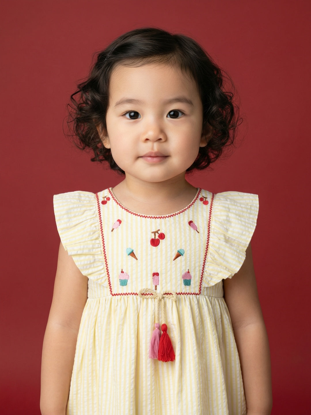 Nautinati Girls' 100% Cotton Ice-cream, Cherry, Cupcake Embroidered Striped Fit & Flare Frock