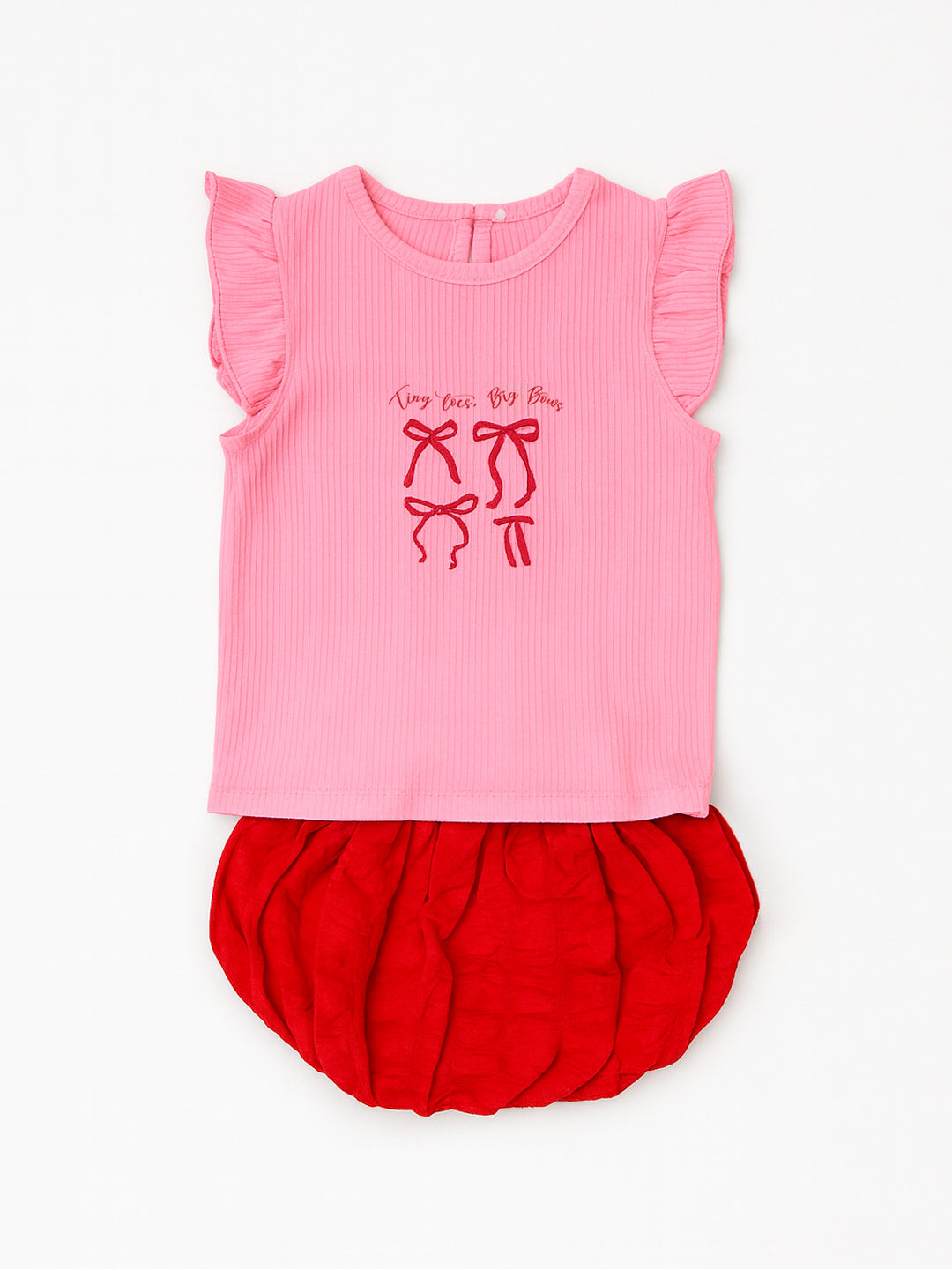 Nautinati Pink Printed Top And Red Balloon Skirt For Girls
