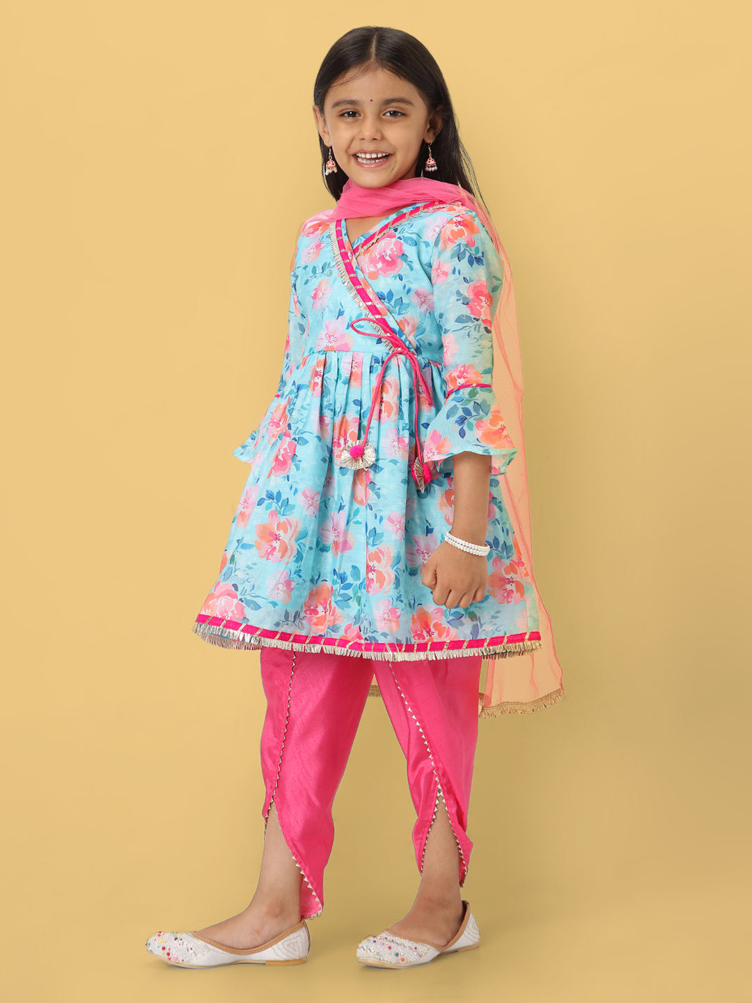 Nautinati Girls' Printed Chanderi Kurta Set with Dupatta